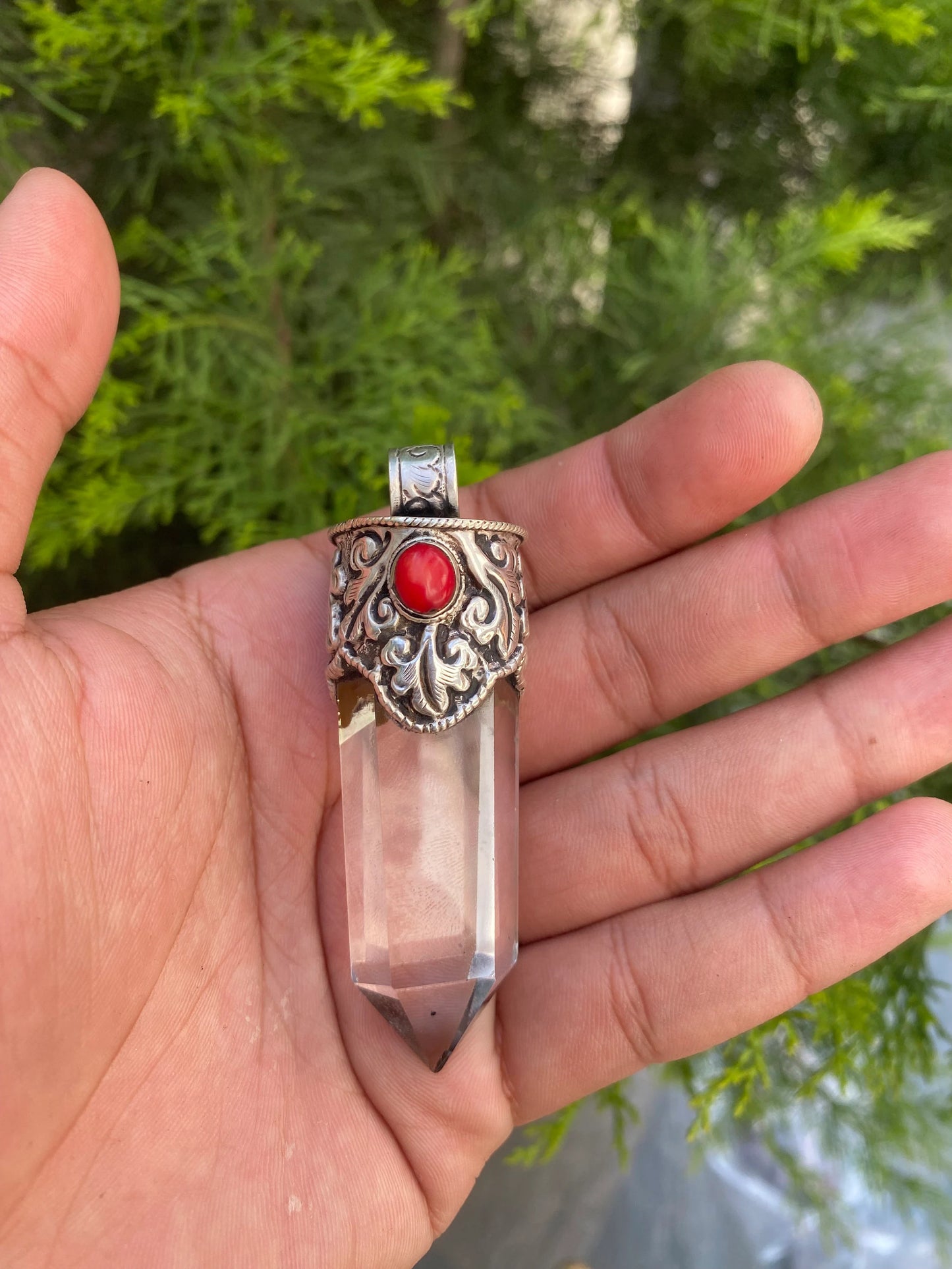 Crystal and Coral Crowned Pointed Moon Stone Pendant, Pointed Moon Stone and Crystal with Coral.