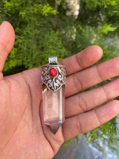 Crystal and Coral Crowned Pointed Moon Stone Pendant, Pointed Moon Stone and Crystal with Coral.