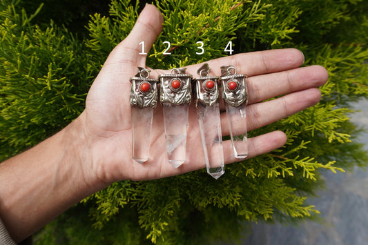 Crystal with Red Coral Tibetan Silver Pendant | Healing Pendant, Natural Gemstone, Unisex Pendant, Pointed Pendant, Handmade gift ideas