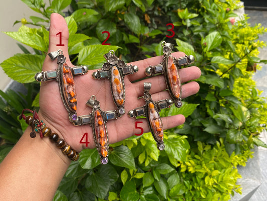 Daily Wear Orange Oyster Cross Pendant in Tibetan Silver with Natural Stones, Hammered Design, Handmade in Nepal, Unique Aesthetic Pendant.