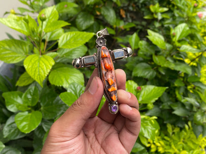 Daily Wear Orange Oyster Cross Pendant in Tibetan Silver with Natural Stones, Hammered Design, Handmade in Nepal, Unique Aesthetic Pendant.