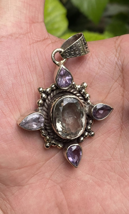 Daily wear aesthetic Natural Gemstone Pendant, Peridot, Amethyst and White Topaz Pendant, Tibetan Silver detailing, Unique gift ideas.