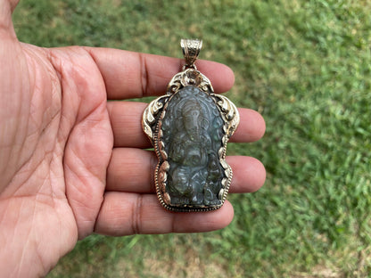 Carved Lord Ganesh Labradorite Pendant, Tibetan Silver Pendant, Deity Jewelry, Hindu Symbolism, Spiritual Accessory, Remover Of Obstacles