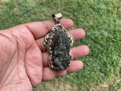 Carved Lord Ganesh Labradorite Pendant, Tibetan Silver Pendant, Deity Jewelry, Hindu Symbolism, Spiritual Accessory, Remover Of Obstacles