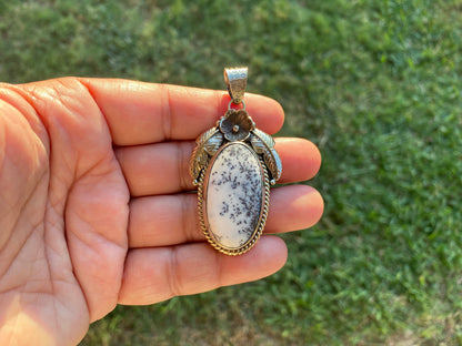 Dendritic Opal Agate Natural Gemstone, Tibetan Silver Pendant, Handcrafted Jewelry, Natural Stone Jewelry, Pendant for Necklace, Boho Chic
