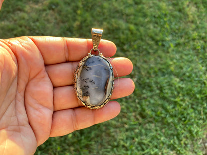 Dendritic Opal Agate Natural Gemstone, Tibetan Silver Pendant, Handcrafted Jewelry, Natural Stone Jewelry, Pendant for Necklace, Boho Chic
