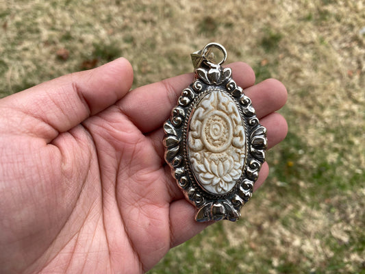 Dharma Chakra Buddhist Symbol with Lotus Flower Tibetan Silver Bone Pendant for Men or Women, Yoga Pendant, Meditation, Wheel of Dharma