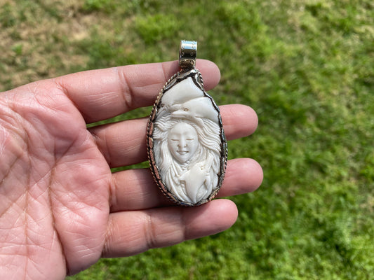 Dolphin with Sea Goddess Bone Hand carved Tibetan Silver Pendant, Unisex Pendant, Tibetan Jewelry, Pendant for Necklace, Sea Lives Lover