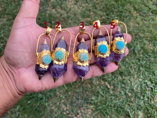 Double Terminated Amethyst and Turquoise Tibetan Silver Pendant, Healing Crystal, Natural Stone Jewelry, Flower Designs, Pointed Crystal