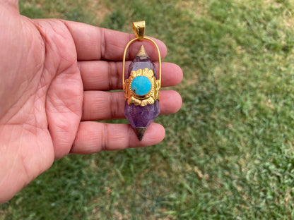 Double Terminated Amethyst and Turquoise Tibetan Silver Pendant, Healing Crystal, Natural Stone Jewelry, Flower Designs, Pointed Crystal
