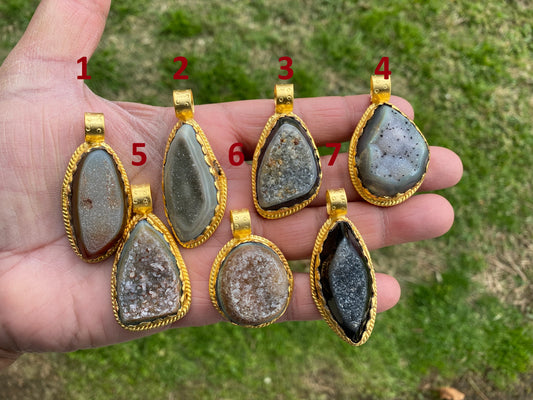 Druzy Raw Agate Stone Non Tarnish Brushed Gold Overlay Pendant, Healing Pendant, Hill Tribe Women's Jewelry, Birthstone Pendant for Necklace