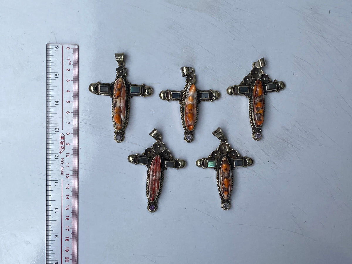 Durable Boho Cross Pendant - Natural Spiny Orange Oyster & Tibetan Silver Charm, Natural Gemstones, Unique design, Collectible gift ideas.