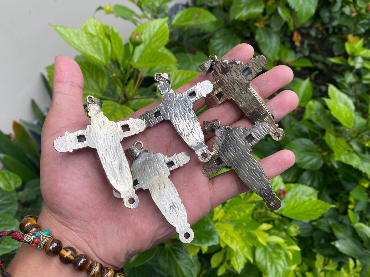 Durable Boho Cross Pendant - Natural Spiny Orange Oyster & Tibetan Silver Charm, Natural Gemstones, Unique design, Collectible gift ideas.