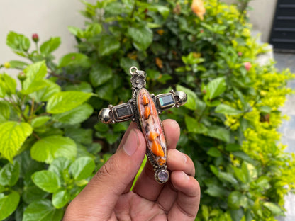 Durable Boho Cross Pendant - Natural Spiny Orange Oyster & Tibetan Silver Charm, Natural Gemstones, Unique design, Collectible gift ideas.