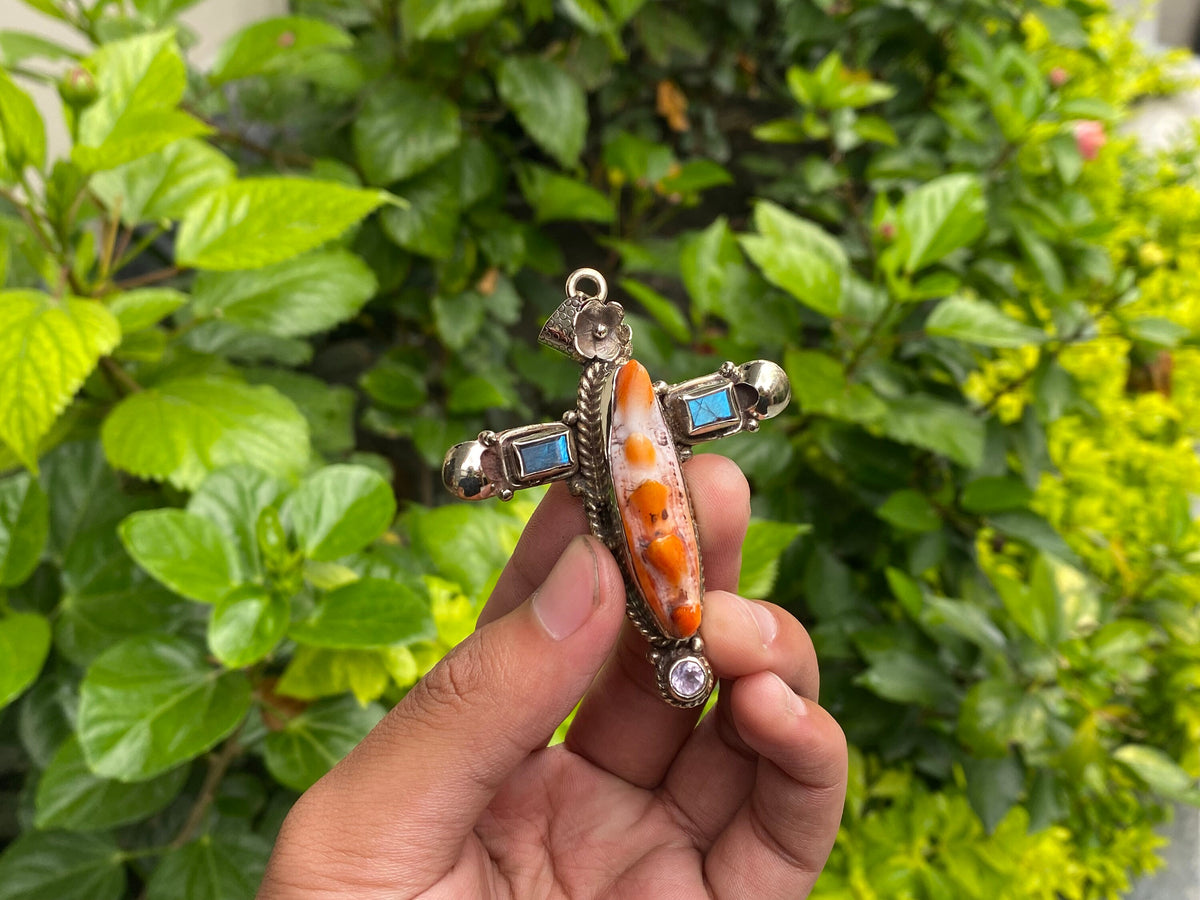 Durable Boho Cross Pendant - Natural Spiny Orange Oyster & Tibetan Silver Charm, Natural Gemstones, Unique design, Collectible gift ideas.