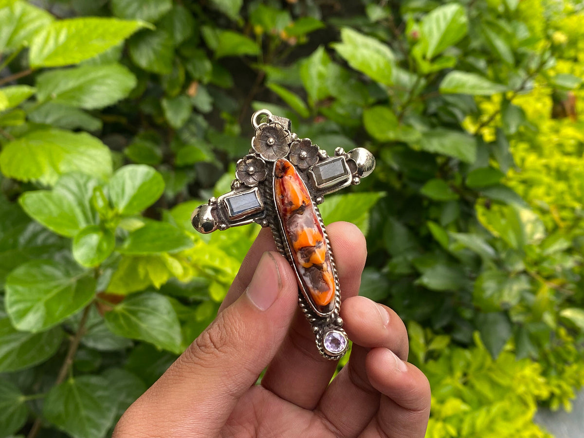 Durable Boho Cross Pendant - Natural Spiny Orange Oyster & Tibetan Silver Charm, Natural Gemstones, Unique design, Collectible gift ideas.