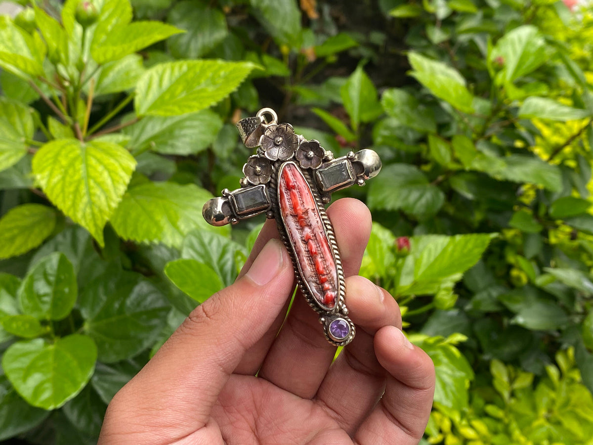 Durable Boho Cross Pendant - Natural Spiny Orange Oyster & Tibetan Silver Charm, Natural Gemstones, Unique design, Collectible gift ideas.