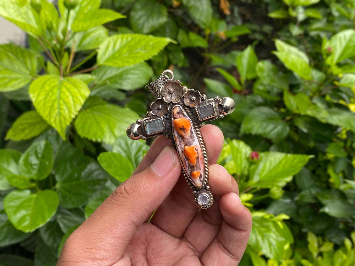 Durable Boho Cross Pendant - Natural Spiny Orange Oyster & Tibetan Silver Charm, Natural Gemstones, Unique design, Collectible gift ideas.