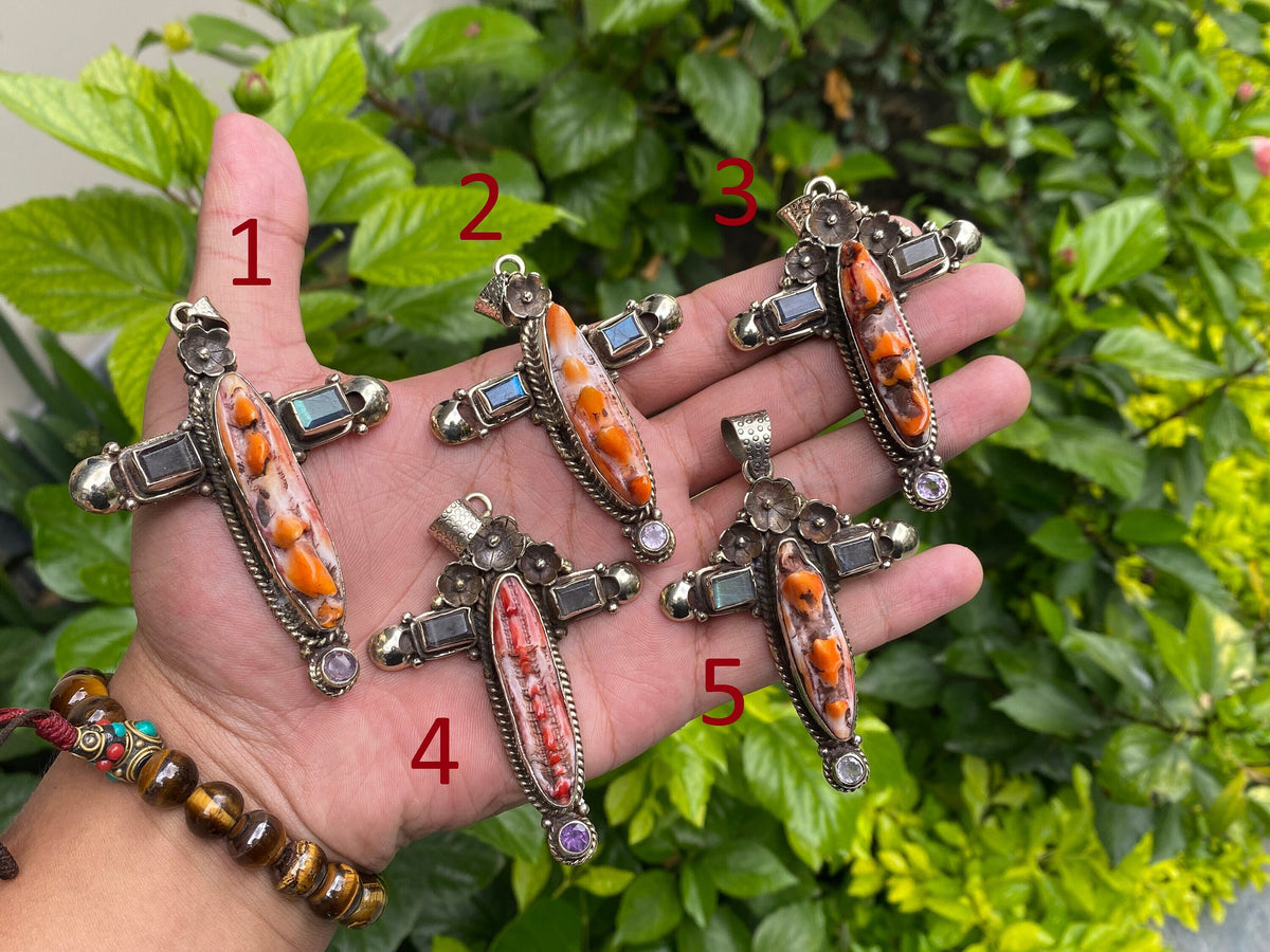 Durable Boho Cross Pendant - Natural Spiny Orange Oyster & Tibetan Silver Charm, Natural Gemstones, Unique design, Collectible gift ideas.