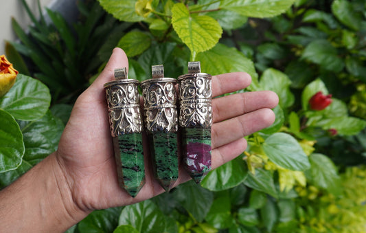 Durable Ruby Zoisite Pendant: One-of-a-Kind Boho Jewelry, Daily Wear African Ruby Zoisite Pendant adorned with Tibetan silver & Turquoise.