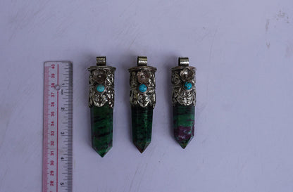 Durable Ruby Zoisite Pendant: One-of-a-Kind Boho Jewelry, Daily Wear African Ruby Zoisite Pendant adorned with Tibetan silver & Turquoise.