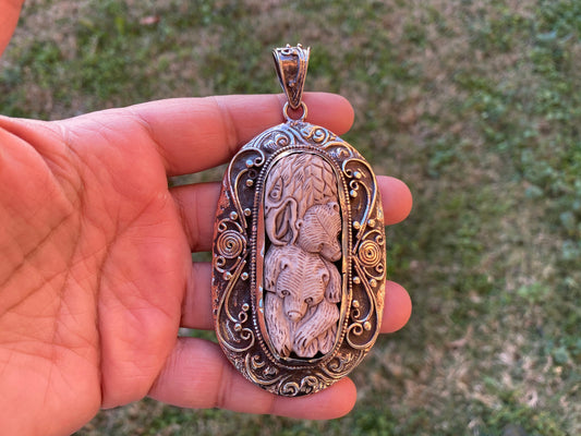 Eagle with Bear Hand Carved Buffalo Bone Tibetan Silver Pendant, Women Jewelry, Men Locket, Tribal Jewelry, Ethnic Jewelry, Necklace Locket