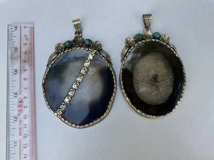 Earth's Treasure: Natural Agate Pendant with Turquoise and Tibetan Silver,Turquoise Tranquility, Natural Agate Pendant with Tibetan Silver.