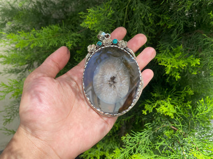 Earth's Treasure: Natural Agate Pendant with Turquoise and Tibetan Silver,Turquoise Tranquility, Natural Agate Pendant with Tibetan Silver.