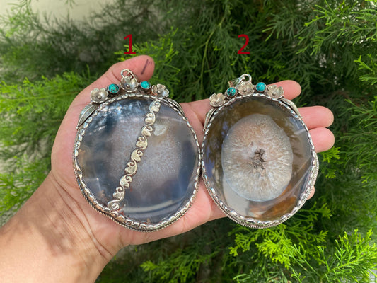 Earth's Treasure: Natural Agate Pendant with Turquoise and Tibetan Silver,Turquoise Tranquility, Natural Agate Pendant with Tibetan Silver.