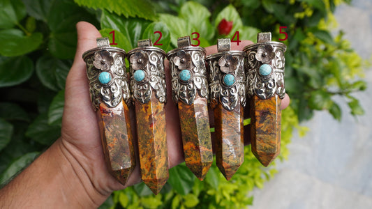 Earthy Elegance: Long Natural Yellow Jasper Tower Pendant with Turquoise Adornment, Natural Beauty, Pointed Pendant, Perfect Gift.