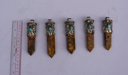 Earthy Elegance: Long Natural Yellow Jasper Tower Pendant with Turquoise Adornment, Natural Beauty, Pointed Pendant, Perfect Gift.