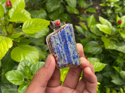 Earthy Style Raw Lapis Pendant adorned with Red coral and Tibetan Silver, Unique pendant for Daily wear, Handmade Floral Design, Positivity.