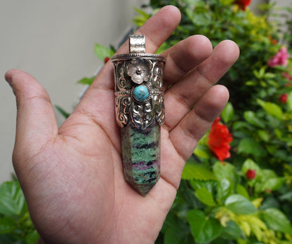 Earthy Treasure: African Ruby Zoisite Stone Pendant for Daily Wear, Unique Pointed Pendant, Hammered Pendant, Boho Inspired Jewelry