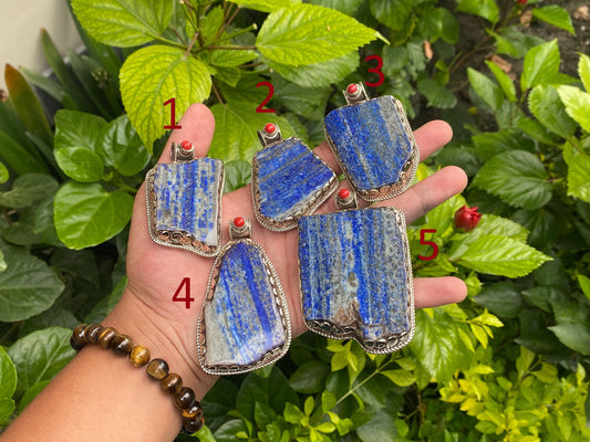 Earthy Style Raw Lapis Pendant adorned with Red coral and Tibetan Silver, Unique pendant for Daily wear, Handmade Floral Design, Positivity.