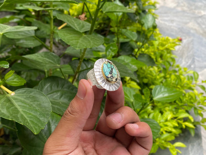 Elegant Adjustable Two Tone Ring - Hammered Design, Daily Wear, Healing Turquoise adorned Ring, Perfect gift idea, Gold and Silver overlay.