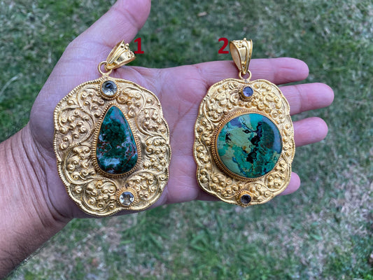 Chrysocolla Natural Stone, Non Tarnish Brushed Gold Overlay, Elegant Jewelry, Luxury Pendant, Unique Stone Statement Piece, Jewelry Gift