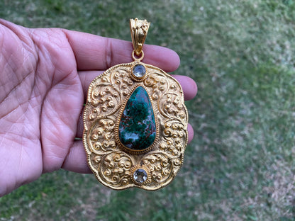 Chrysocolla Natural Stone, Non Tarnish Brushed Gold Overlay, Elegant Jewelry, Luxury Pendant, Unique Stone Statement Piece, Jewelry Gift