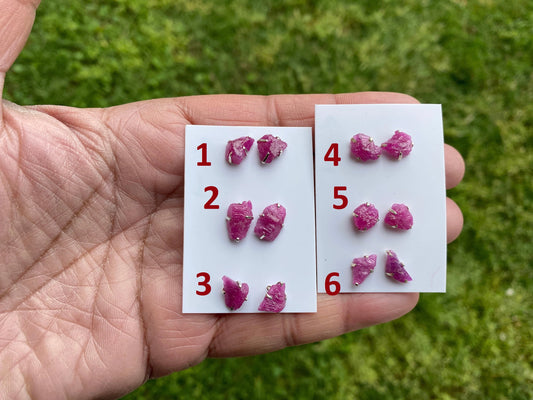 Elegant Raw Ruby Gemstone Stud Earrings, Sterling Silver Earrings, July Birthstone, Prong Stud for Girls, Rough Healing Crystal Earrings
