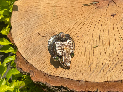 Elephant Carved on Water Buffalo Bone, Adjustable Tibetan Silver Ring adorned with Peridotite and White Topaz.