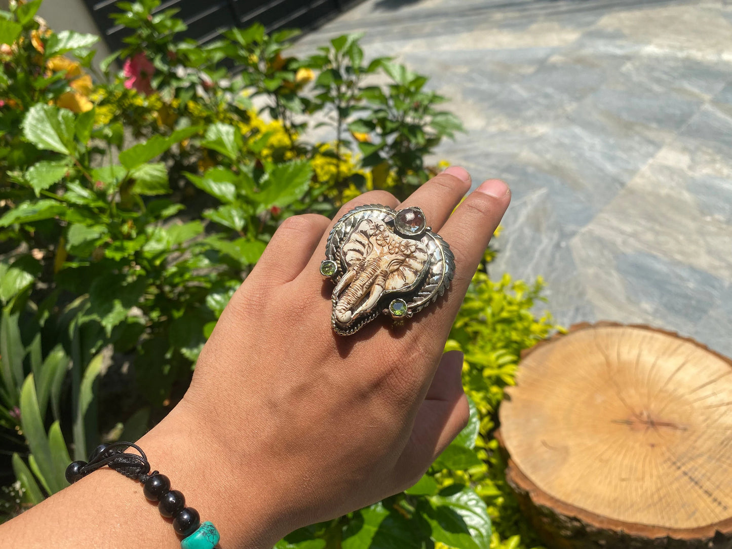 Elephant Carved on Water Buffalo Bone, Adjustable Tibetan Silver Ring adorned with Peridotite and White Topaz.