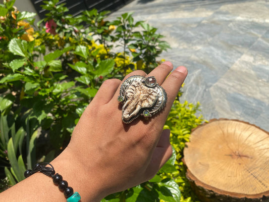 Elephant Carved on Water Buffalo Bone, Adjustable Tibetan Silver Ring adorned with Peridotite and White Topaz.