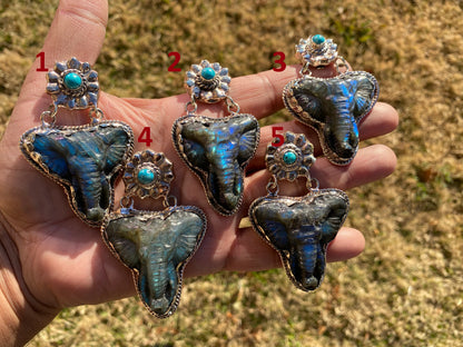 Hand Carved Elephant Head Labradorite with Turquoise Tibetan Silver Pendant, Elephant Pendant for Necklace, Blue Labradorite, Animal Pendant