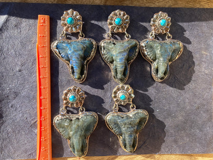 Hand Carved Elephant Head Labradorite with Turquoise Tibetan Silver Pendant, Elephant Pendant for Necklace, Blue Labradorite, Animal Pendant