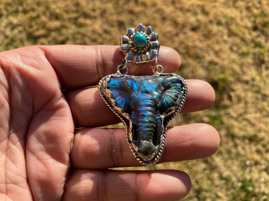 Hand Carved Elephant Head Labradorite with Turquoise Tibetan Silver Pendant, Elephant Pendant for Necklace, Blue Labradorite, Animal Pendant