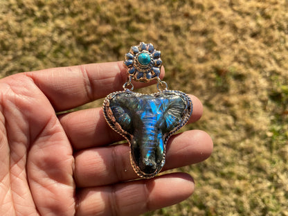 Hand Carved Elephant Head Labradorite with Turquoise Tibetan Silver Pendant, Elephant Pendant for Necklace, Blue Labradorite, Animal Pendant
