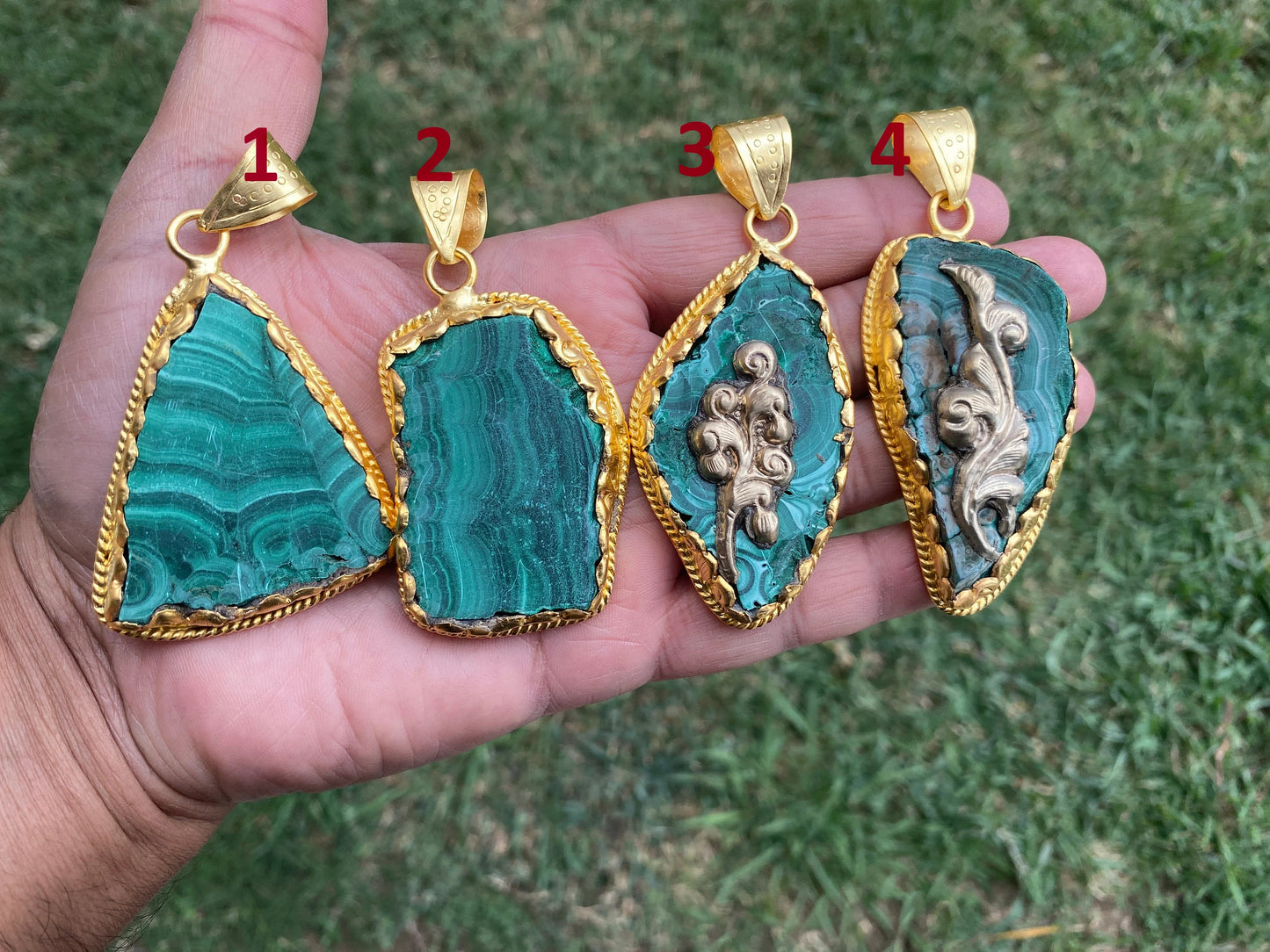 Enchanting Malachite Pendant, Brushed Gold Overlay, Earthy Elegance, Green Gemstone, Nature-Inspired, Healing Stone, Gem of Transformation
