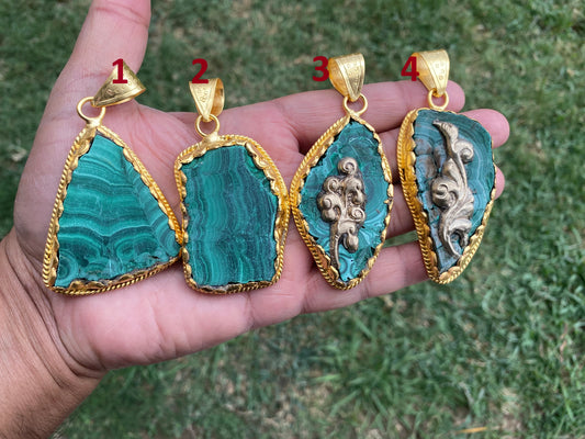 Enchanting Malachite Pendant, Brushed Gold Overlay, Earthy Elegance, Green Gemstone, Nature-Inspired, Healing Stone, Gem of Transformation