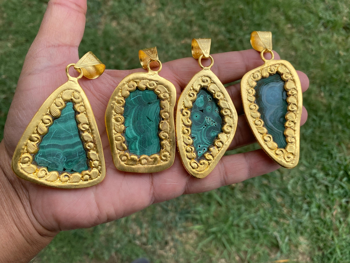 Enchanting Malachite Pendant, Brushed Gold Overlay, Earthy Elegance, Green Gemstone, Nature-Inspired, Healing Stone, Gem of Transformation