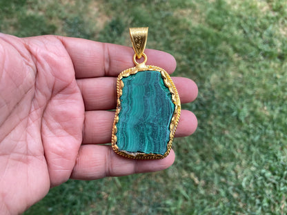 Enchanting Malachite Pendant, Brushed Gold Overlay, Earthy Elegance, Green Gemstone, Nature-Inspired, Healing Stone, Gem of Transformation