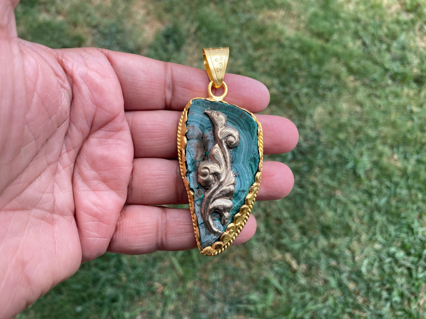 Enchanting Malachite Pendant, Brushed Gold Overlay, Earthy Elegance, Green Gemstone, Nature-Inspired, Healing Stone, Gem of Transformation